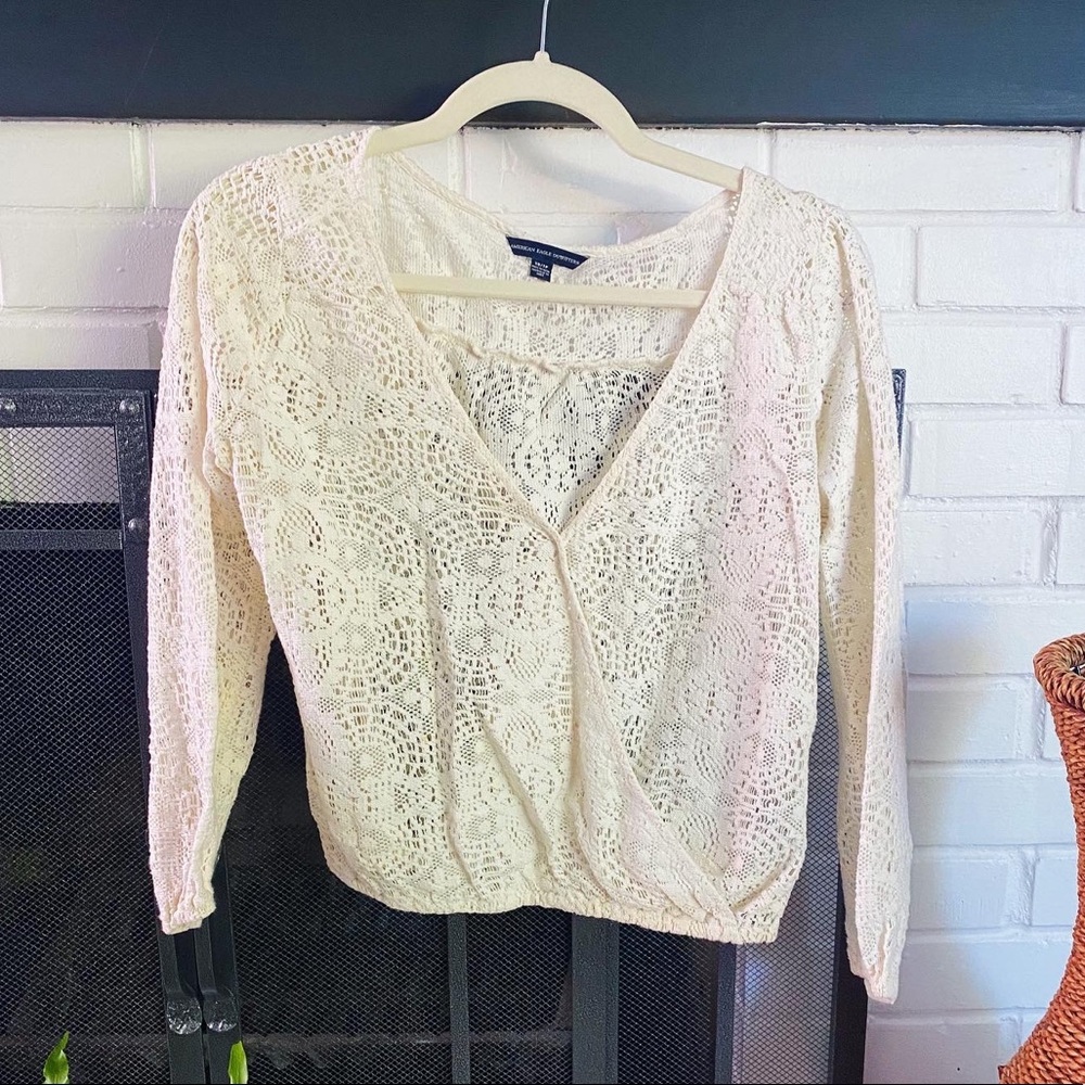 American Eagle White Crochet Lace Wrap Front Top
